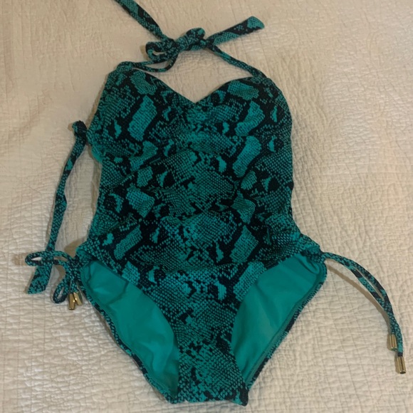 No Boundaries Teal and Black Snakeskin Halter One Piece Swimsuit - Picture 1 of 4
